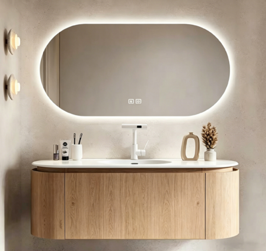 Modern Oval Mirror Plywood Bathroom Vanity Cabinet