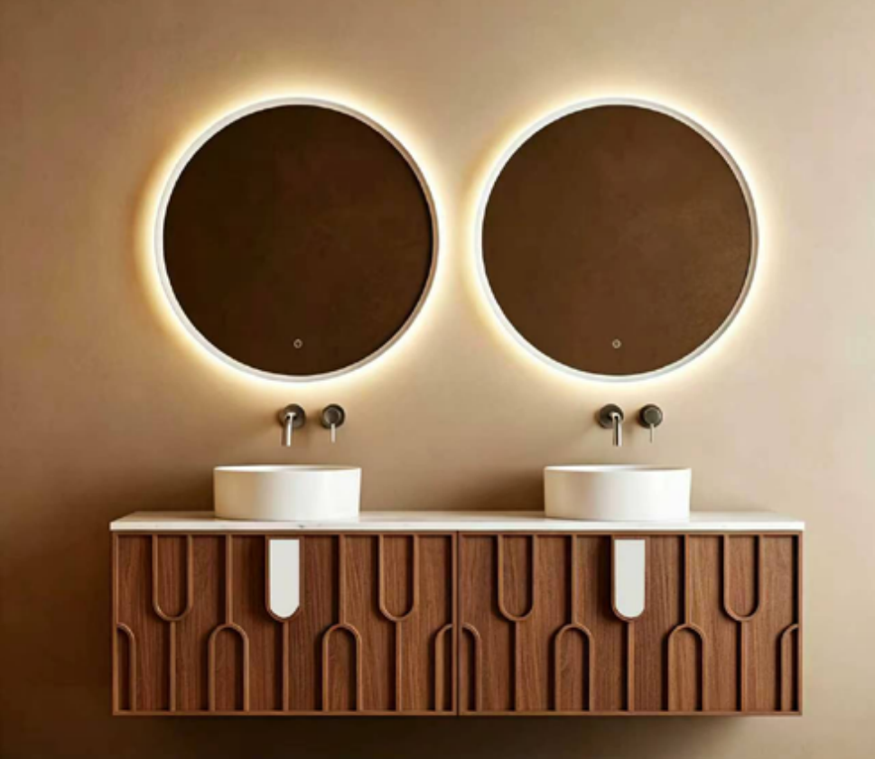 Double Sink Fluted Walnut Plywood Bathroom Vanity Cabinet