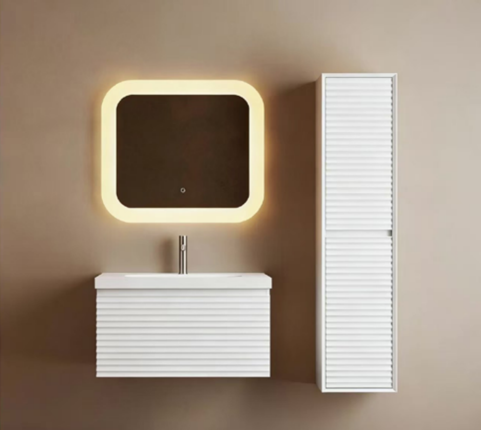 White Fluted Panel Plywood Bathroom Vanity Cabinet