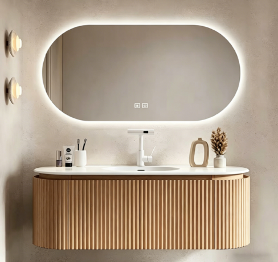 Fluted Panel Oval Mirror Plywood Bathroom Vanity Cabinet