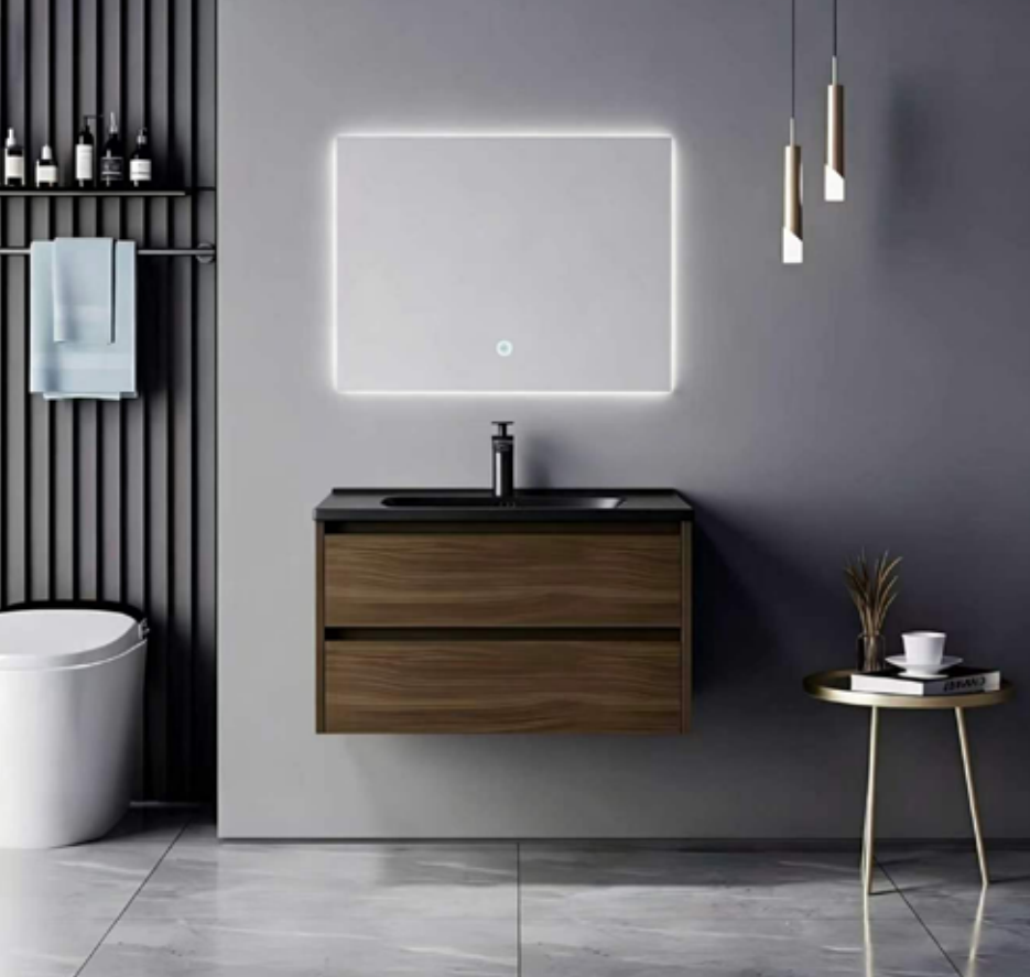 Modern Floating Dark Wood Plywood Bathroom Vanity Cabinet