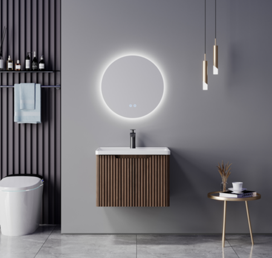Round Mirror Wood Grain Plywood Bathroom Vanity Cabinet
