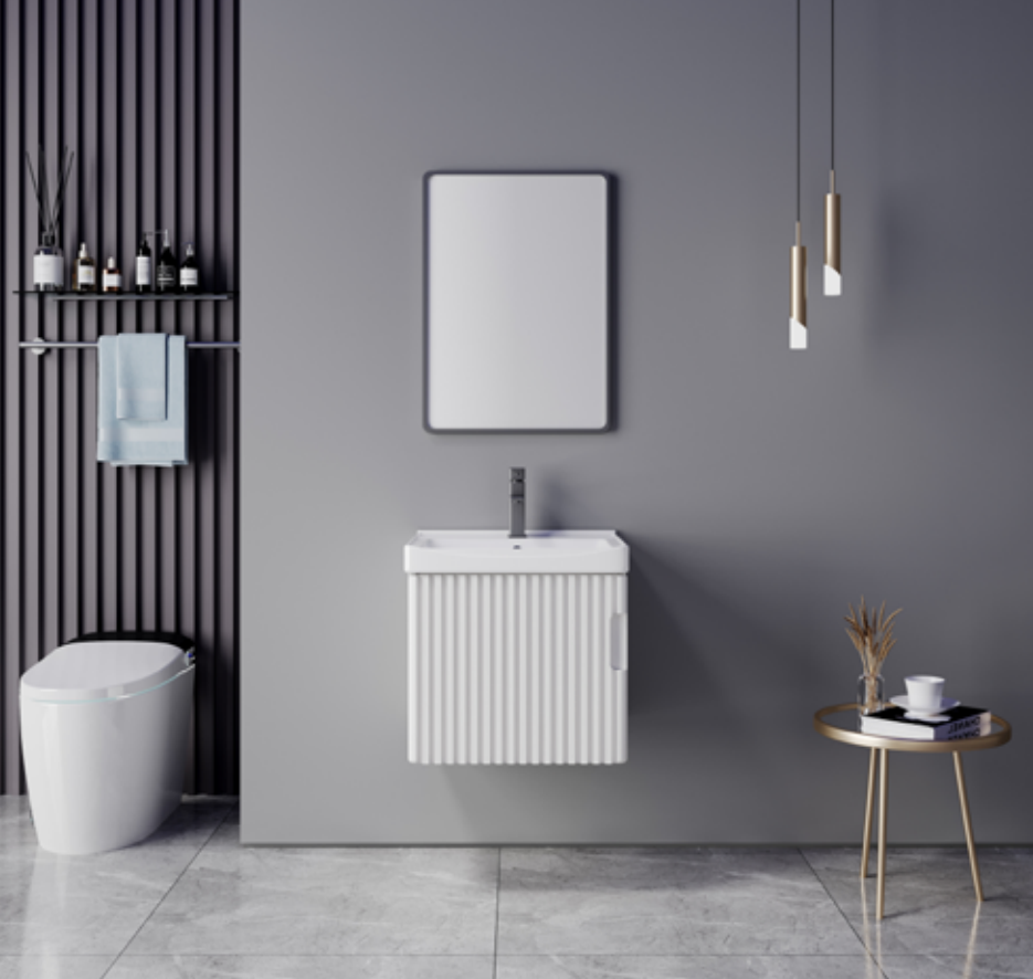 Round Mirror Wood Grain Plywood Bathroom Vanity Cabinet
