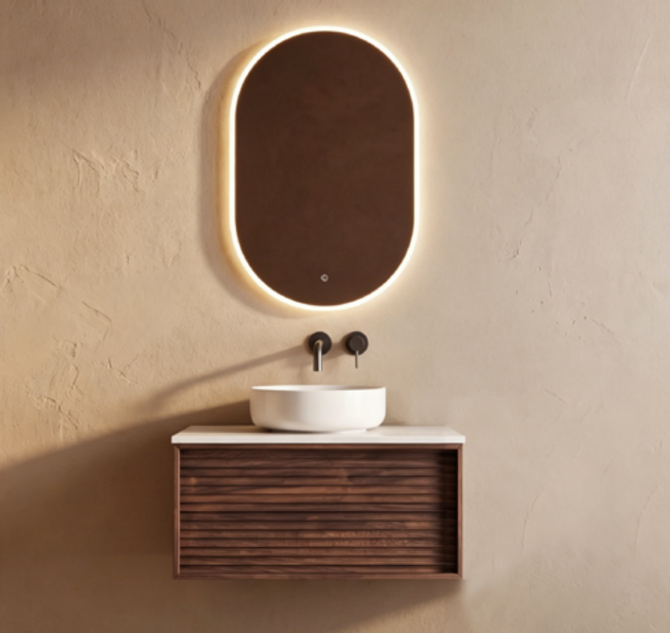 Dark Wood Rounded Mirror Plywood Bathroom Vanity Cabinet