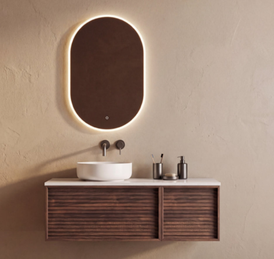 Double Sink Rounded Mirror Plywood Bathroom Vanity Cabinet