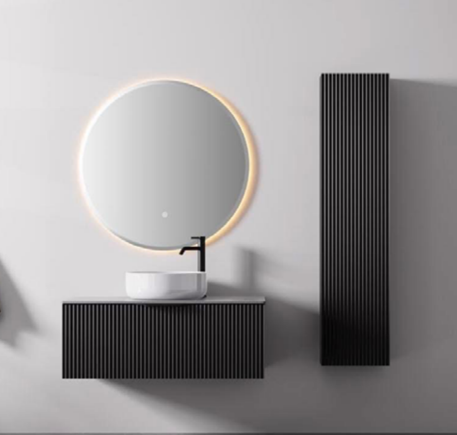 Fluted Black Plywood Bathroom Vanity Cabinet with Round Mirror