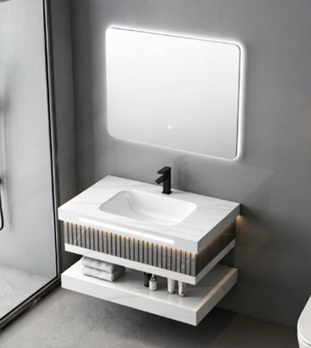 Modern Fluted Artificial Stone Vanity Basin with LED Mirror