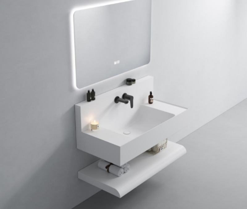 Modern Square Artificial Stone Vanity Basin with Storage Shelf