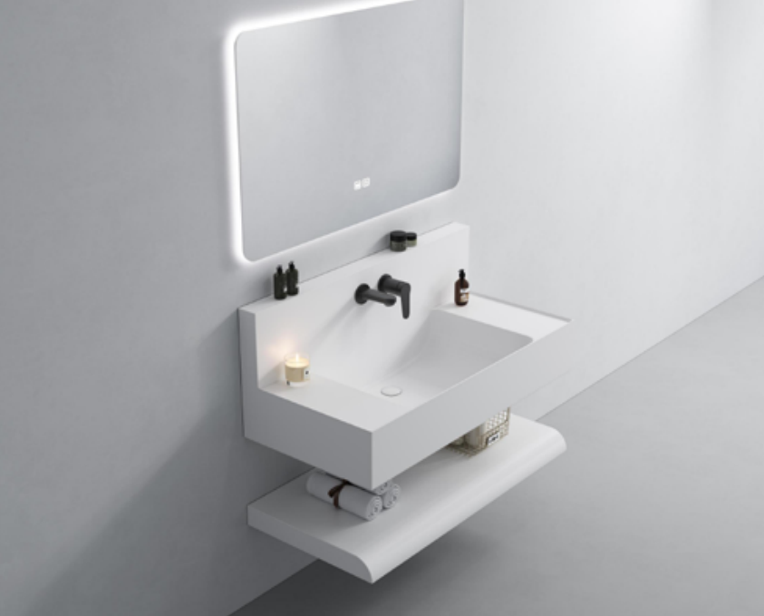 Modern Square Artificial Stone Vanity Basin with Storage Shelf