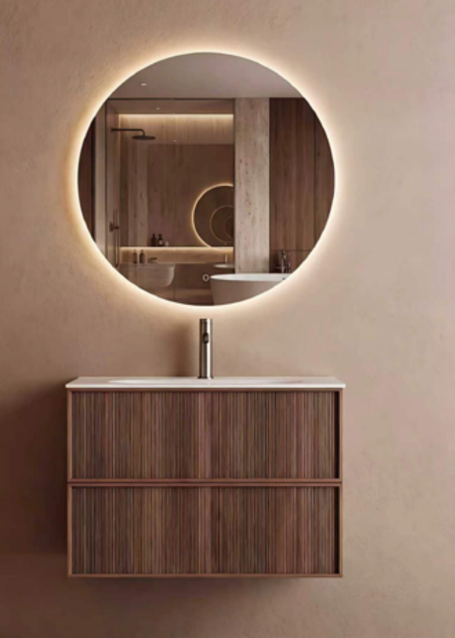 Dark Wood Round Mirror Plywood Bathroom Vanity Cabinet