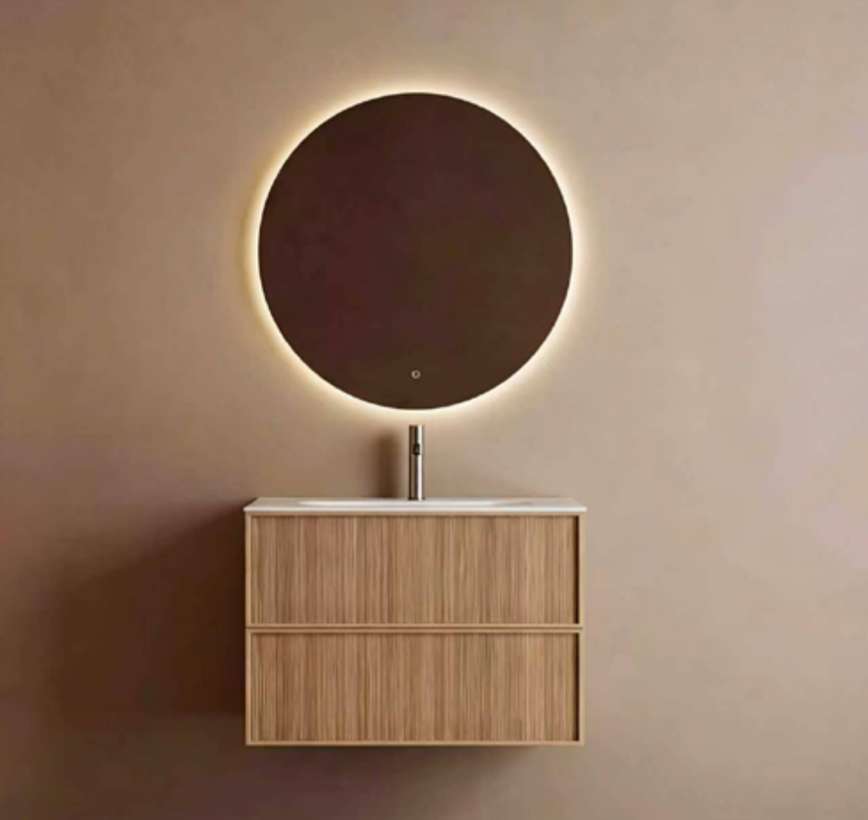 Natural Wood Round Mirror Plywood Bathroom Vanity Cabinet